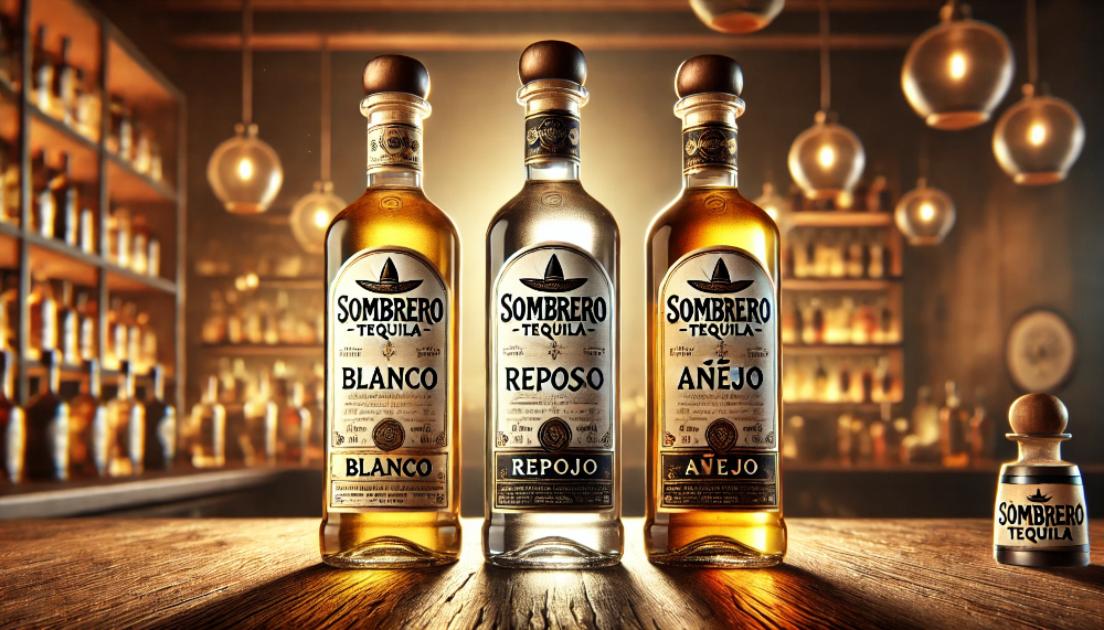 Три пляшки текіли Sombrero, включаючи Blanco, Reposado та Añejo, на барному столику